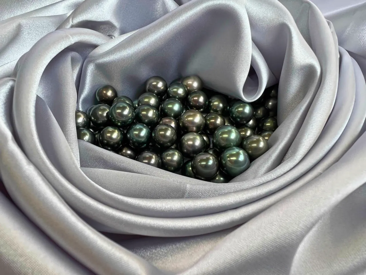 Loose Tahitian pearls in peacock green and grey on silver satin